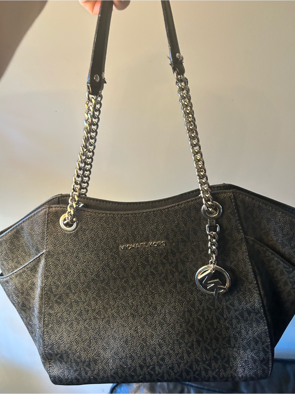 Michael Kors Black Signature Tote with Chain-Strap and MK Charm